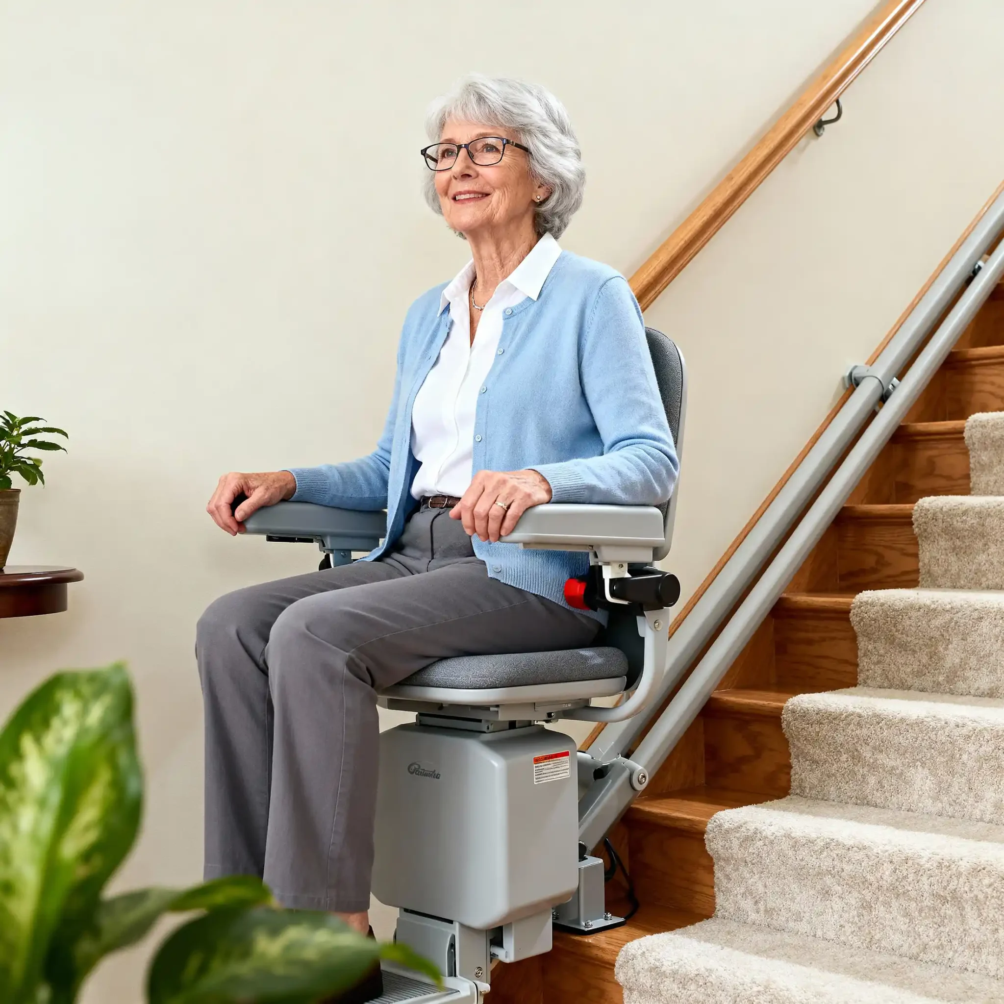 elderly woman on a stair lift ascending carpeted stairs
